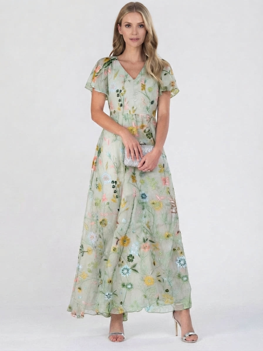 Vestido maxi de verano con cuello en V y estampado floral para mujer