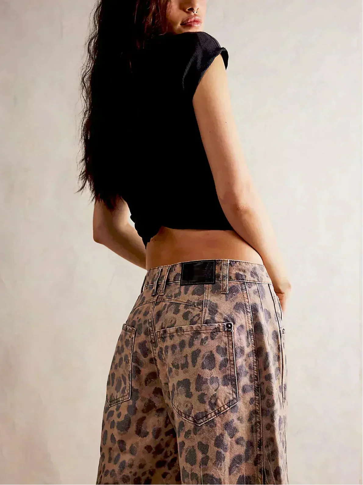 Jeans Denim de Pierna Ancha con Estampado de Leopardo para Mujer