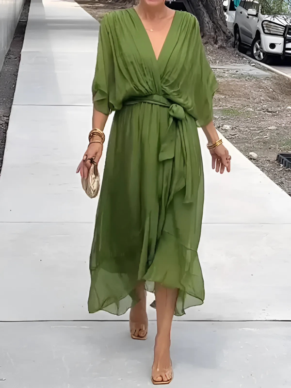 Vestido midi con mangas mariposa y cinturón de lazo para mujer