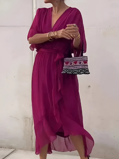 Vestido midi con mangas mariposa y cinturón de lazo para mujer