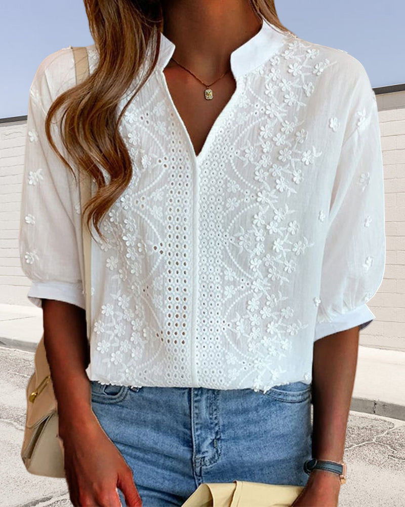 Blusa bordada con cuello en V para mujer