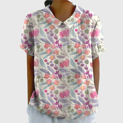 Blusa de manga corta para mujer con detalle floral en el cuello