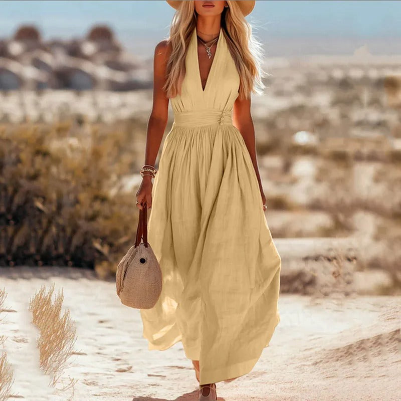 Vestido Maxi Bohemio de Lino sin Mangas con Cuello Halter para Mujer