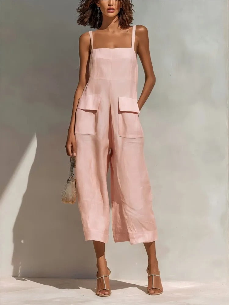 Vestido midi de lino con cinturón y bolsillos para mujer