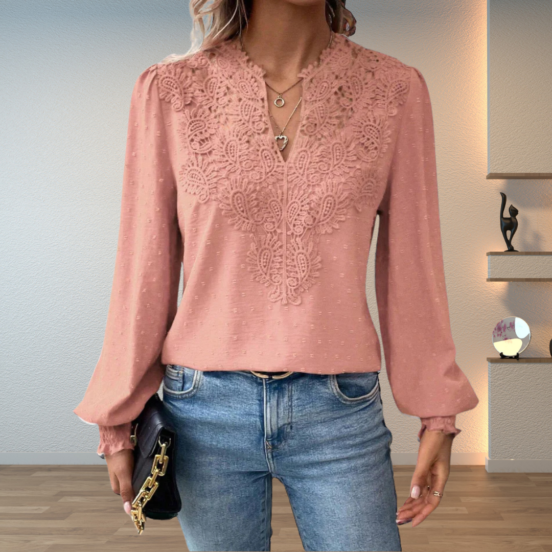 Blusa de Manga Larga con Cuello en V y Detalles Florales para Mujer
