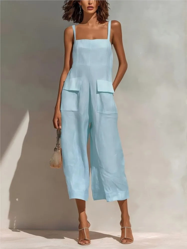 Vestido midi de lino con cinturón y bolsillos para mujer