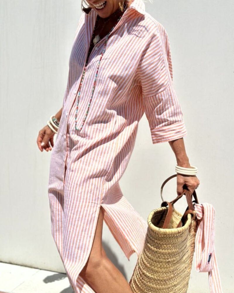 Vestido camisero midi a rayas con botones para mujer