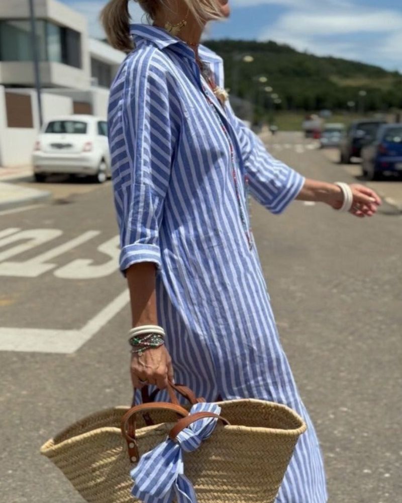 Vestido camisero midi a rayas con botones para mujer