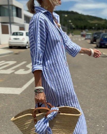 Vestido camisero midi a rayas con botones para mujer