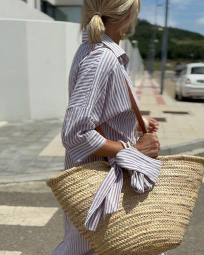 Vestido camisero midi a rayas con botones para mujer