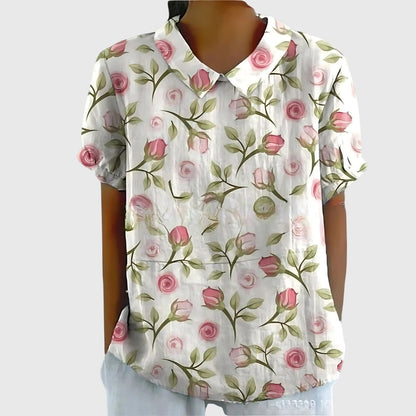 Blusa de manga corta para mujer con detalle floral en el cuello