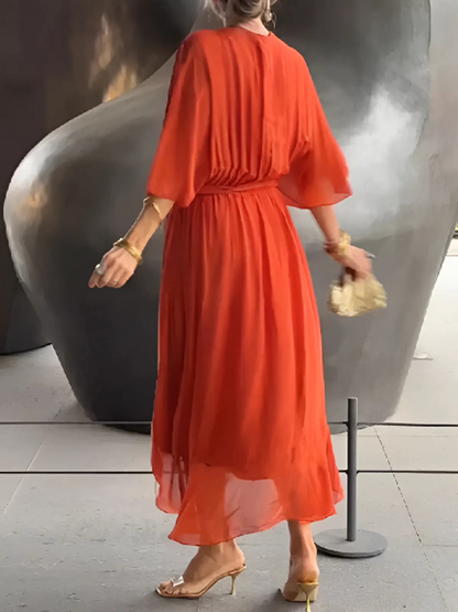 Vestido midi con mangas mariposa y cinturón de lazo para mujer