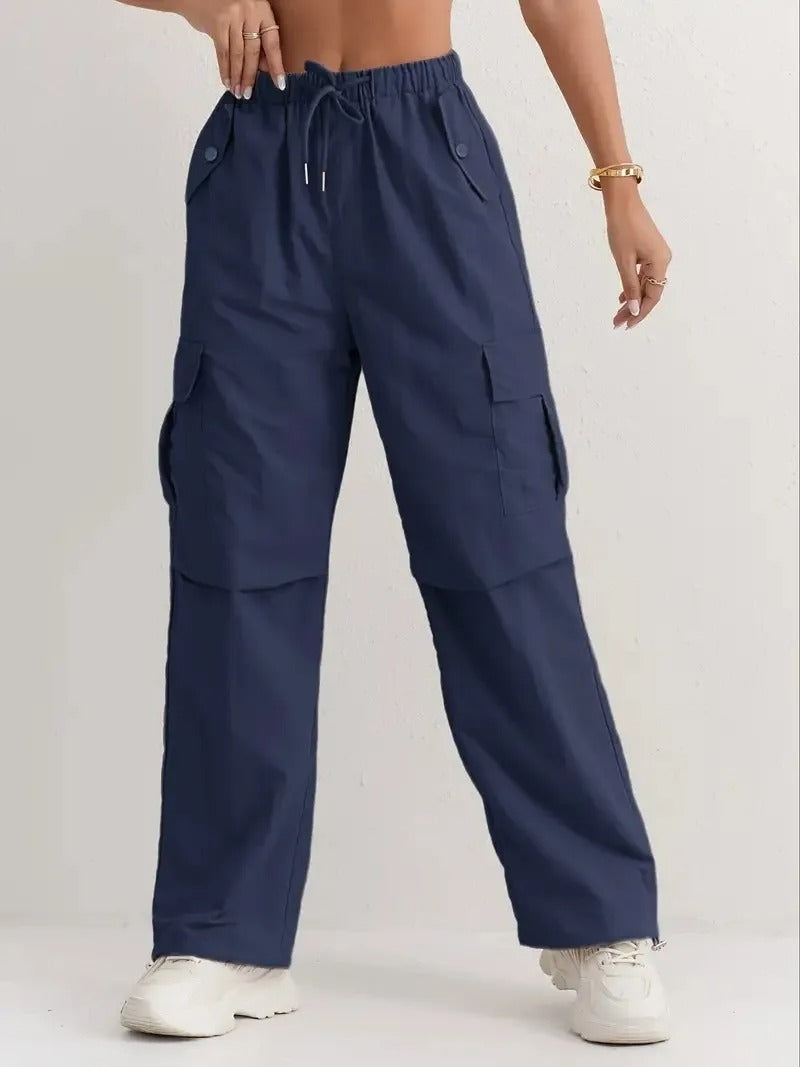 Pantalones cargo casuales con cordón y bolsillos para mujer