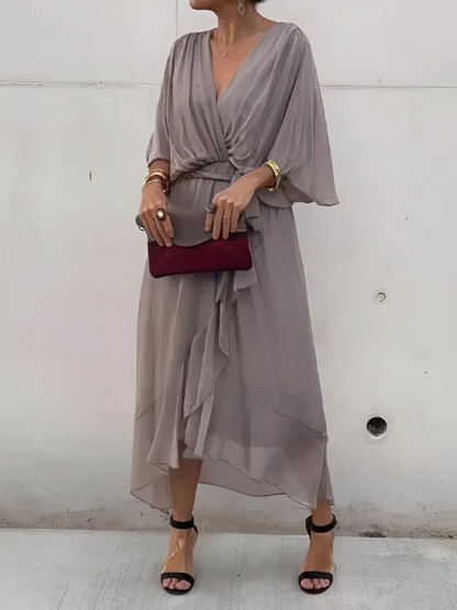 Vestido midi con mangas mariposa y cinturón de lazo para mujer