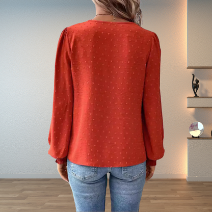Blusa de Manga Larga con Cuello en V y Detalles Florales para Mujer