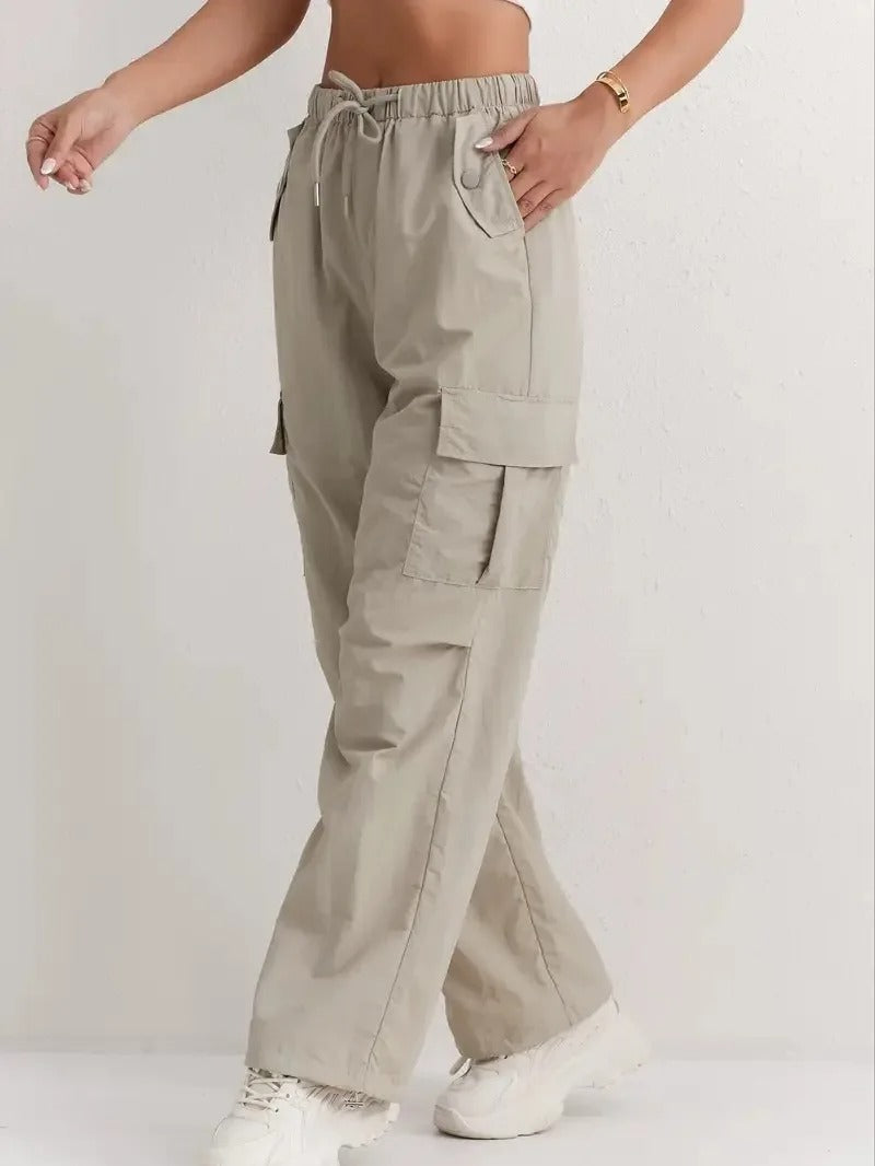 Pantalones cargo casuales con cordón y bolsillos para mujer