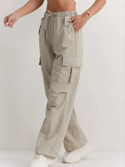 Pantalones cargo casuales con cordón y bolsillos para mujer