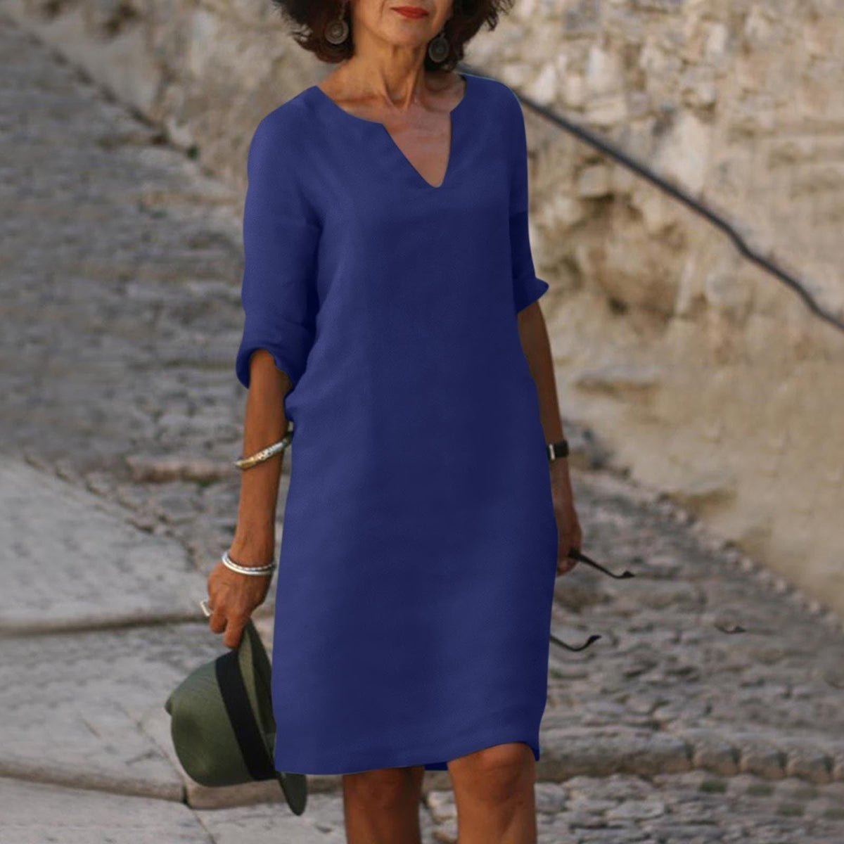 Vestido Liso a la Rodilla con Cuello en V para Mujer