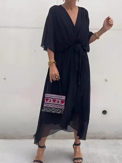 Vestido midi con mangas mariposa y cinturón de lazo para mujer