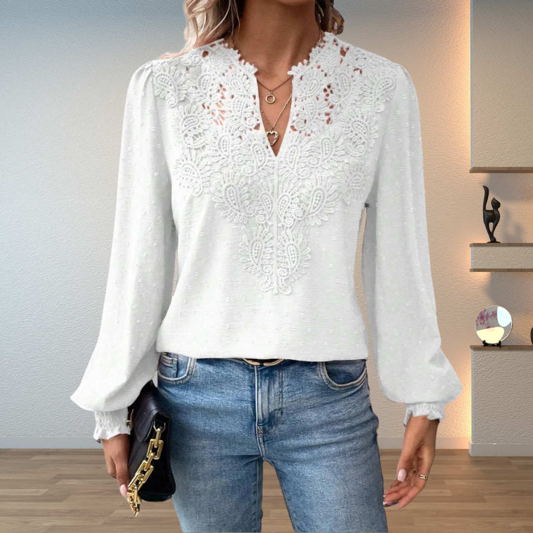 Blusa de Manga Larga con Cuello en V y Detalles Florales para Mujer