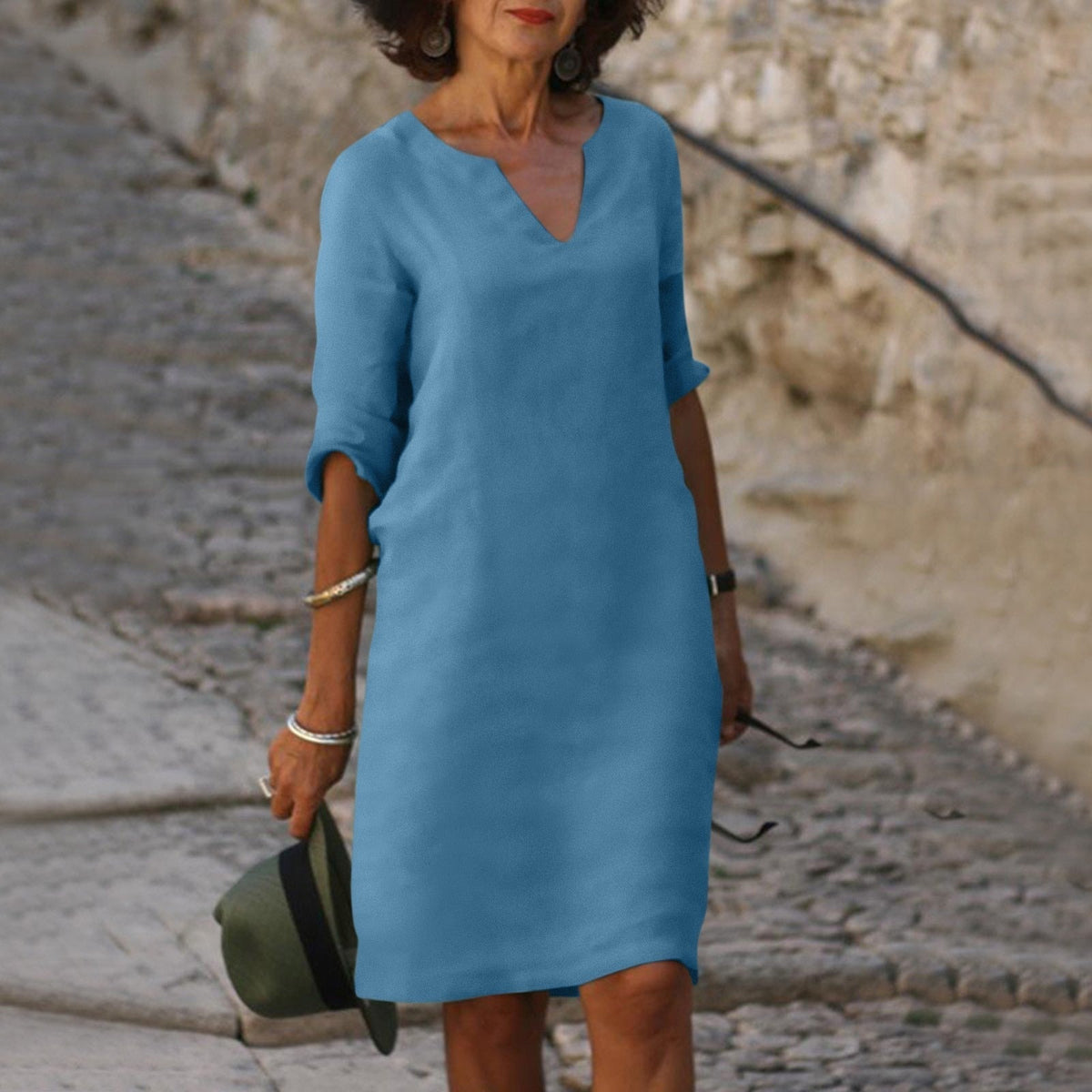 Vestido Liso a la Rodilla con Cuello en V para Mujer