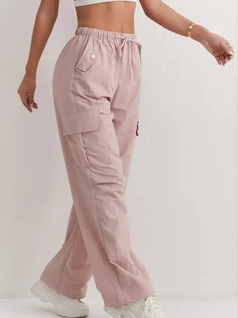 Pantalones cargo casuales con cordón y bolsillos para mujer