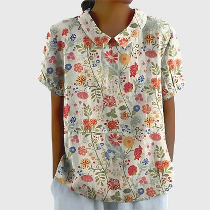 Blusa de manga corta para mujer con detalle floral en el cuello