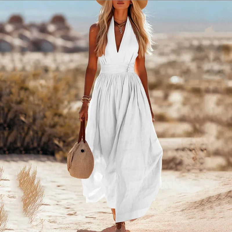 Vestido Maxi Bohemio de Lino sin Mangas con Cuello Halter para Mujer
