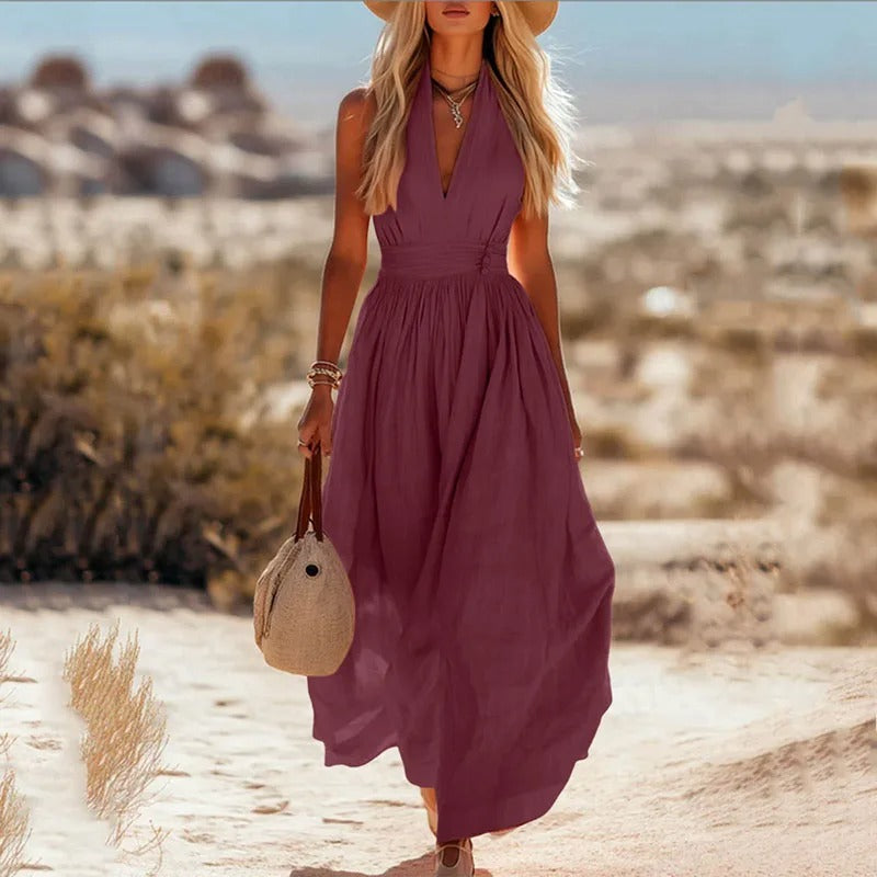 Vestido Maxi Bohemio de Lino sin Mangas con Cuello Halter para Mujer