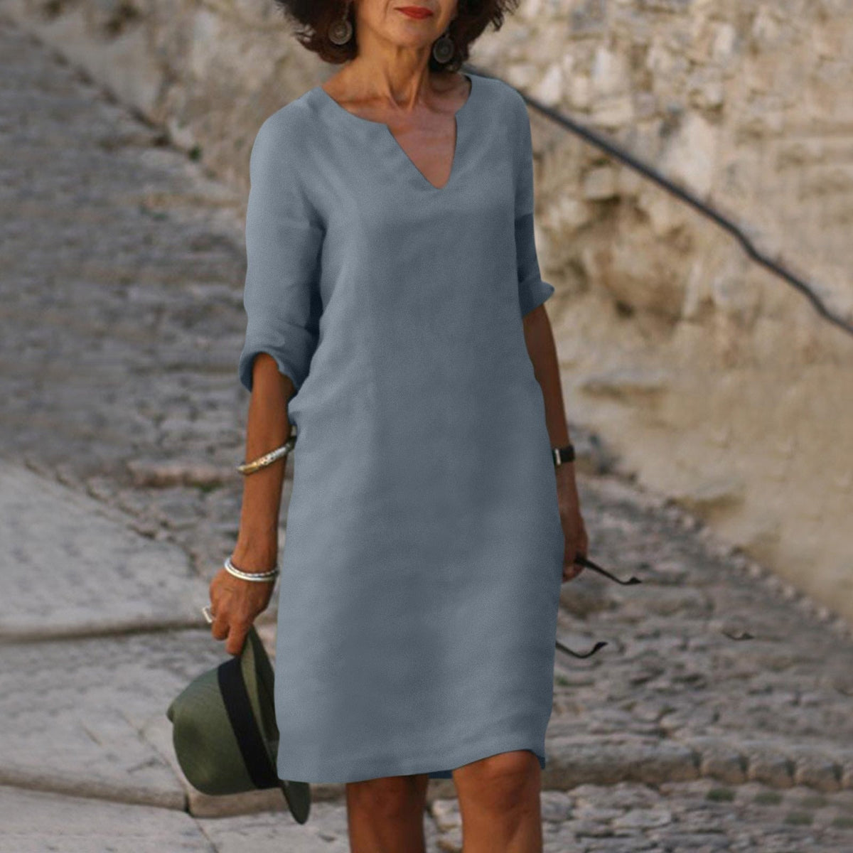 Vestido Liso a la Rodilla con Cuello en V para Mujer
