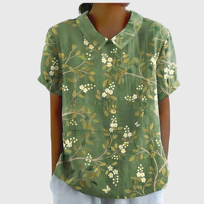 Blusa de manga corta para mujer con detalle floral en el cuello