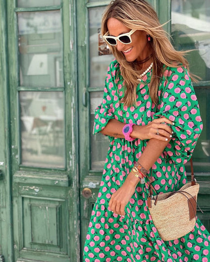 Vestido Maxi Fluido con Cuello en V y Estampado para Mujer