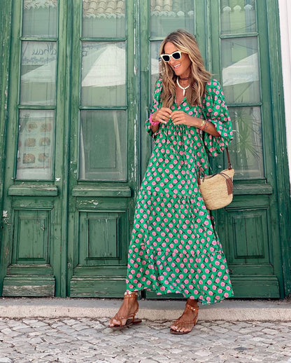 Vestido Maxi Fluido con Cuello en V y Estampado para Mujer