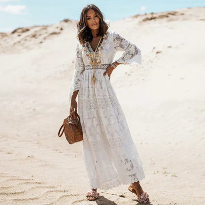 Vestido Maxi Bohemio de Verano con Manga Larga para Mujer