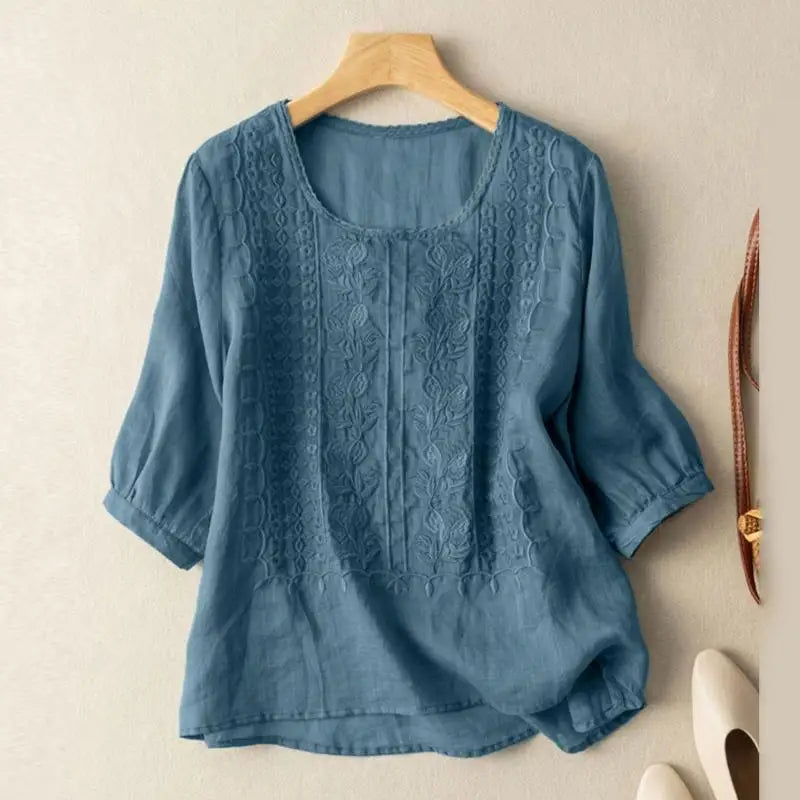 Blusa Bordada con Cuello Redondo para Mujer