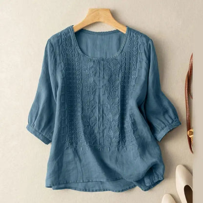Blusa Bordada con Cuello Redondo para Mujer