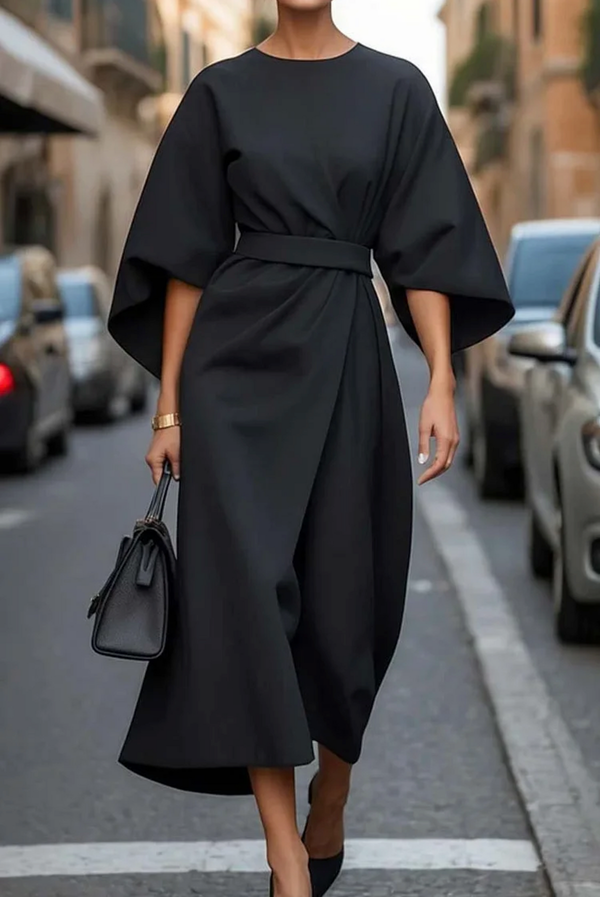 Vestido midi con mangas kimono y cinturón para mujer