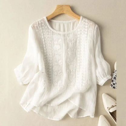 Blusa Bordada con Cuello Redondo para Mujer
