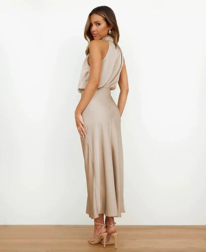 Vestido Midi Formal de Satín con Cuello Halter para Mujer