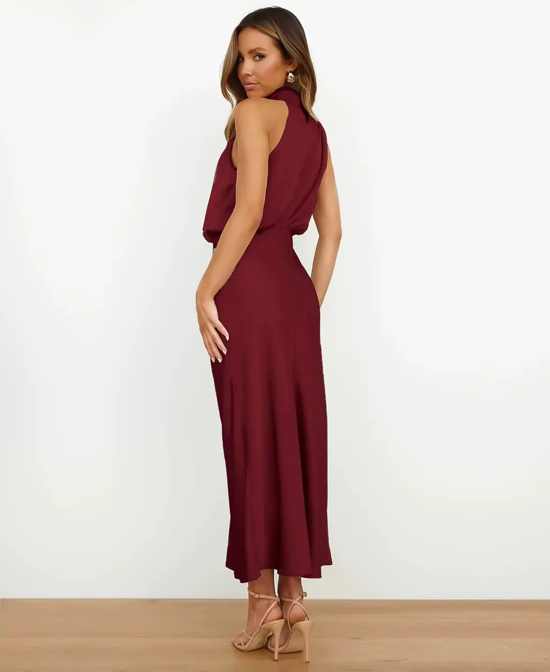 Vestido Midi Formal de Satín con Cuello Halter para Mujer