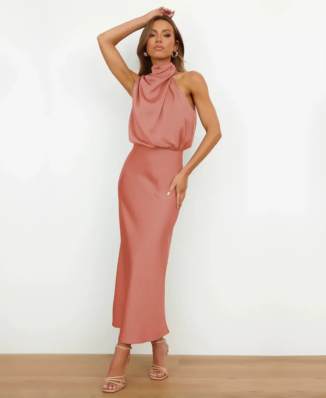 Vestido Midi Formal de Satín con Cuello Halter para Mujer