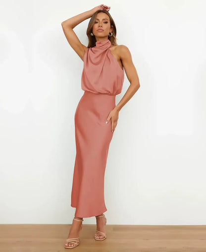 Vestido Midi Formal de Satín con Cuello Halter para Mujer