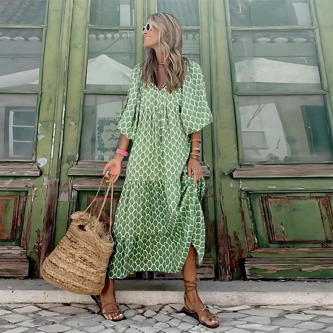 Vestido Maxi Fluido con Cuello en V y Estampado para Mujer