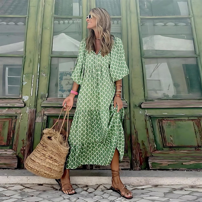 Vestido Maxi Fluido con Cuello en V y Estampado para Mujer