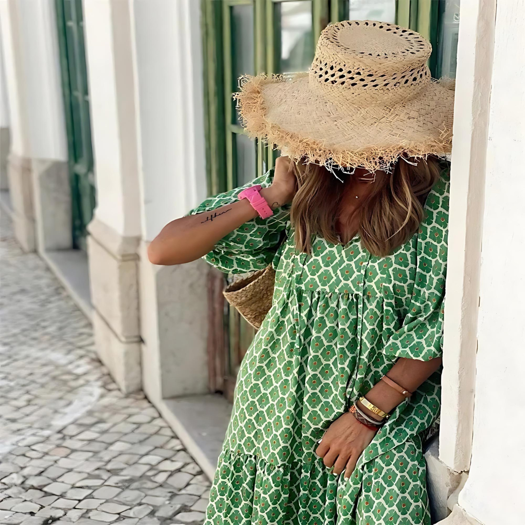 Vestido Maxi Fluido con Cuello en V y Estampado para Mujer