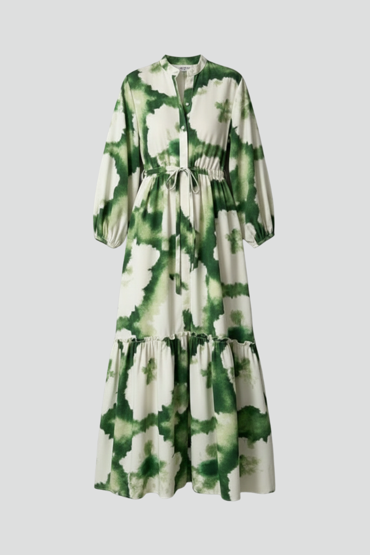 Vestido maxi estampado con cuello en V y manga larga para mujer