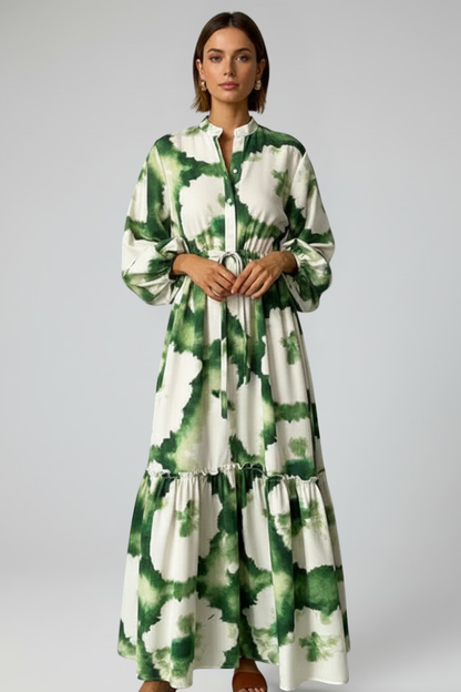 Vestido maxi estampado con cuello en V y manga larga para mujer