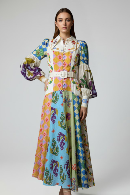 Vestido maxi estampado con cuello en V y manga larga para mujer