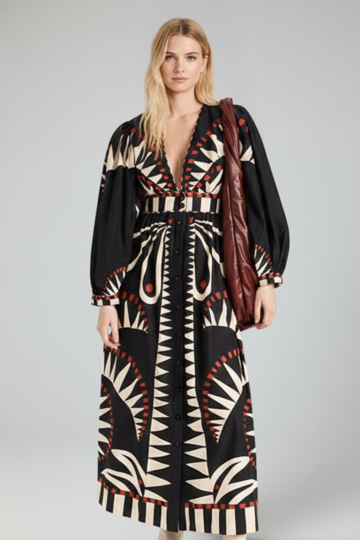 Vestido maxi estampado con cuello en V y manga larga para mujer