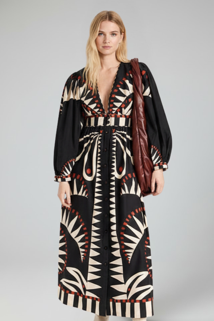 Vestido maxi estampado con cuello en V y manga larga para mujer